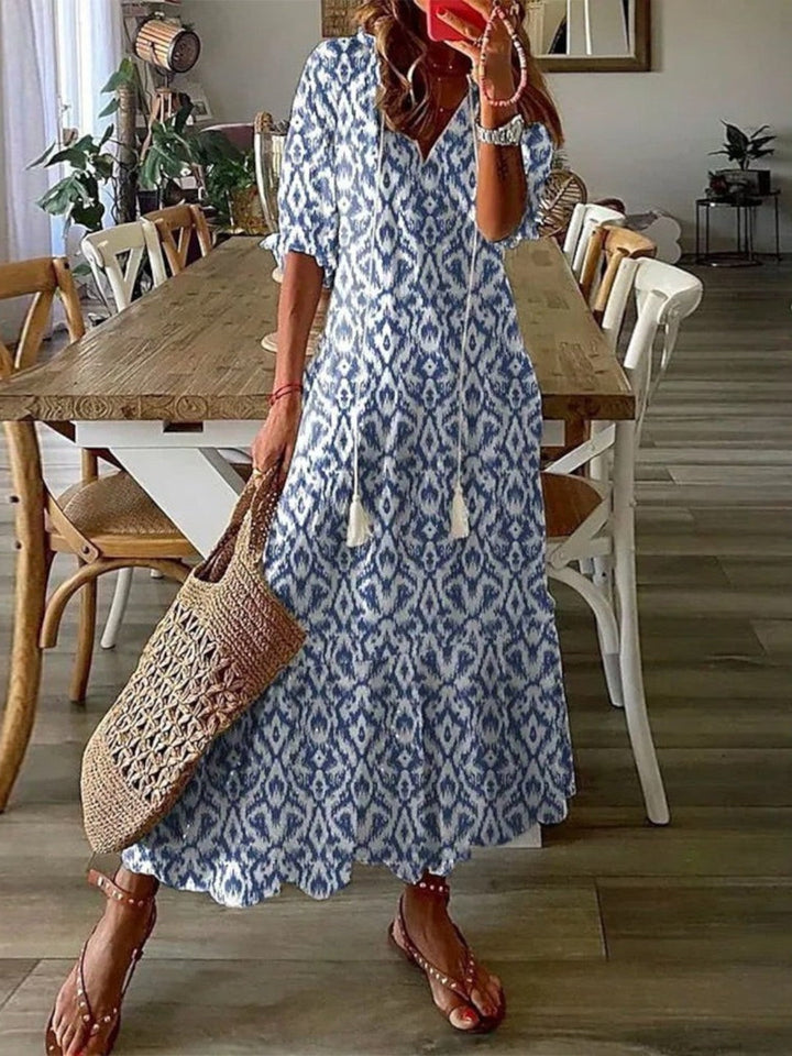 Lena – letní šaty ve vintage stylu s boho vzorem a výstřihem do V