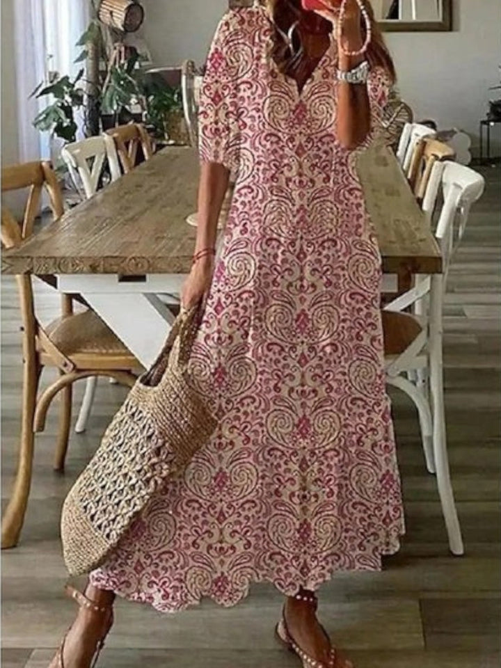 Lena – letní šaty ve vintage stylu s boho vzorem a výstřihem do V