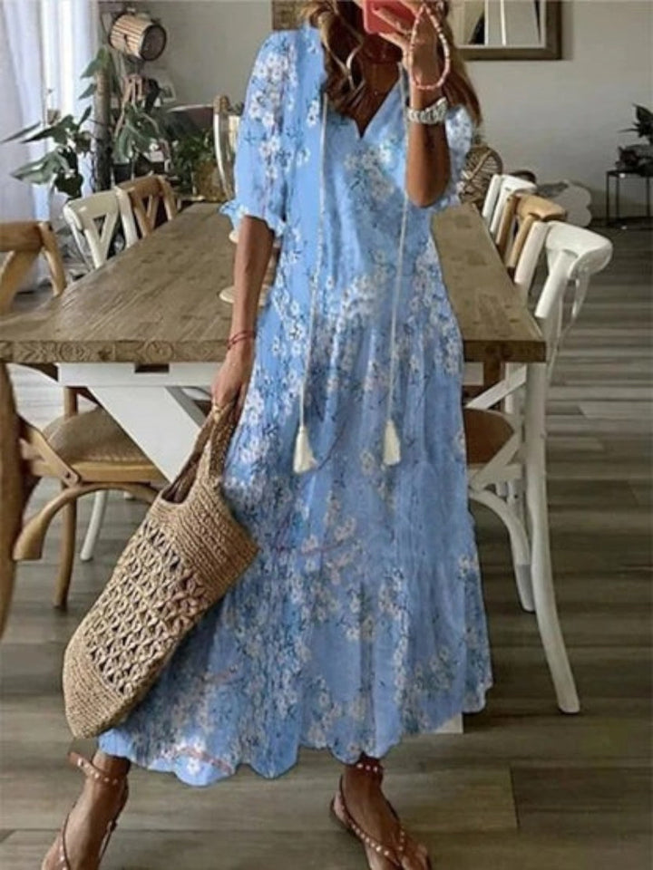 Lena – letní šaty ve vintage stylu s boho vzorem a výstřihem do V