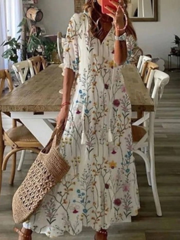Lena – letní šaty ve vintage stylu s boho vzorem a výstřihem do V