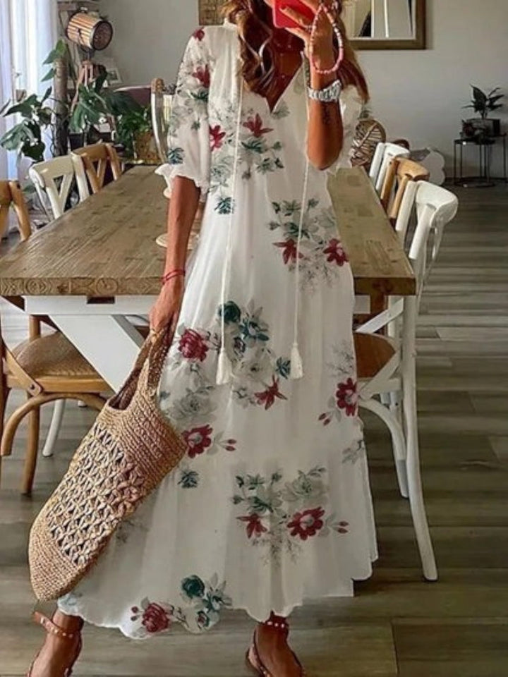 Lena – letní šaty ve vintage stylu s boho vzorem a výstřihem do V